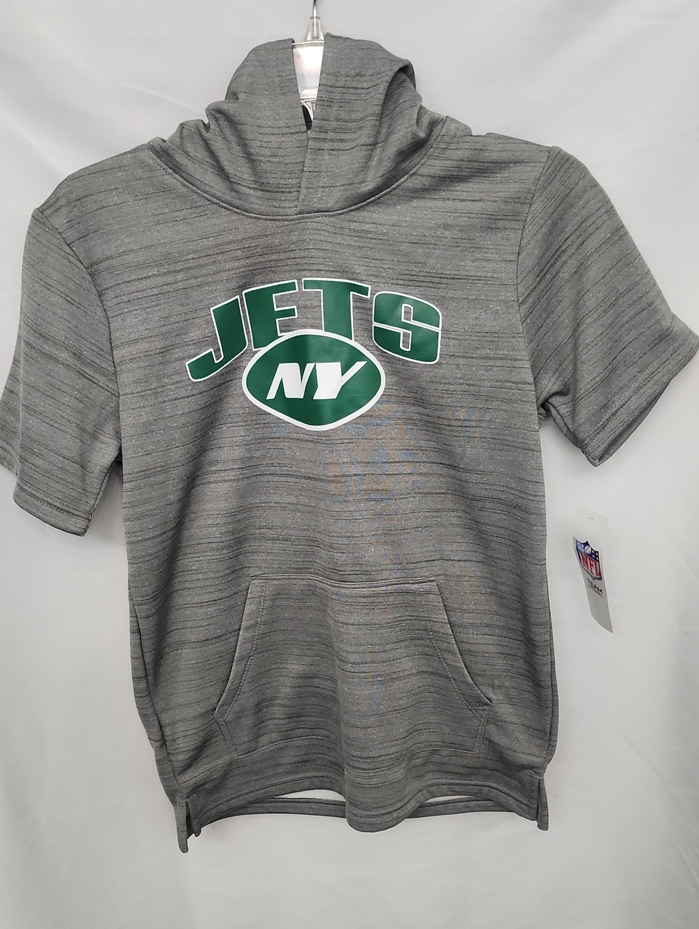 NFL Gray New York Jets Short Sleeve Hoodie with Green Logo Boys Size L (12/14)